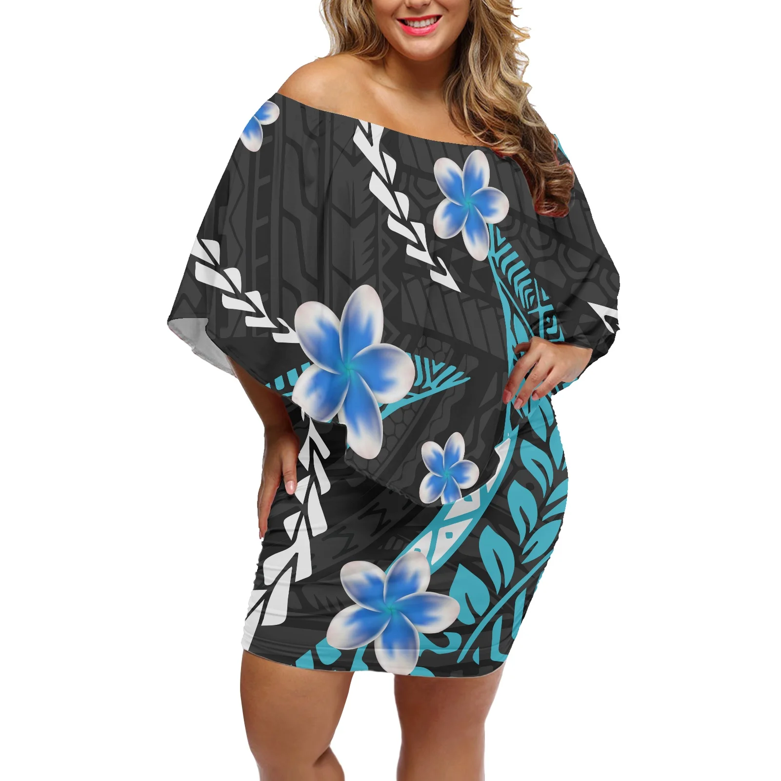 

2022 Summer Polynesian Tribal Plumeria Print Women Casual Plus Size Dress Off Shoulder Ruffle Fashion Women Short Dresses