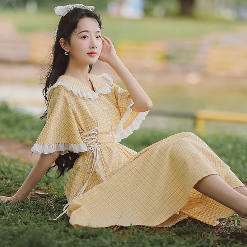 

2021 Vintage Solid Dress For Large Size Women Japan Mori Girl Style Square Collar Full Sleeve Midi Casual Dresses Vestido Mujer