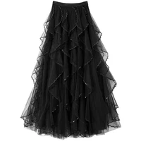 casual women autumn solid color high waist sequins mesh ruffled long tulle skirt high quality