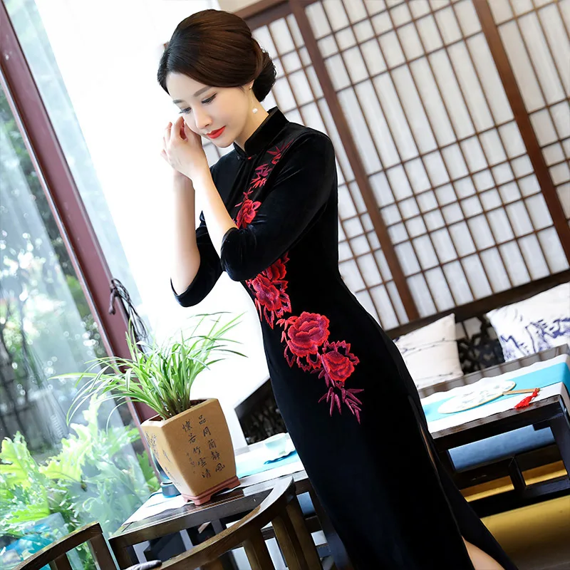 Осенне-зимнее бархатное длинное приталенное платье Ципао большого размера с