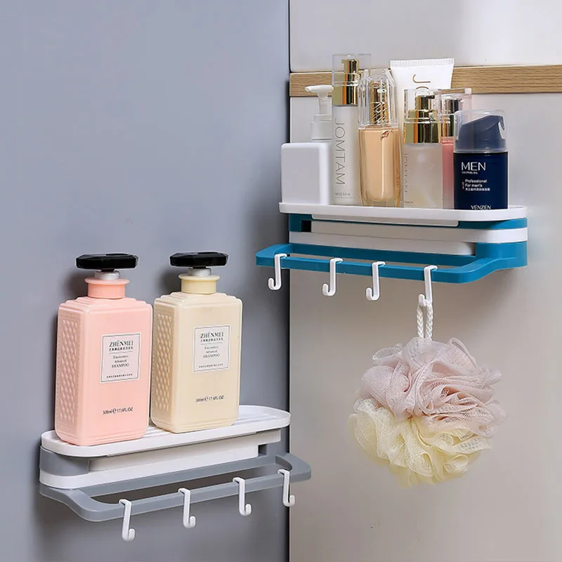 

Складная настенная полка для ванной комнаты, держатель для полотенец, органайзер для макияжа, многофункциональные крючки, настенная полка, ...