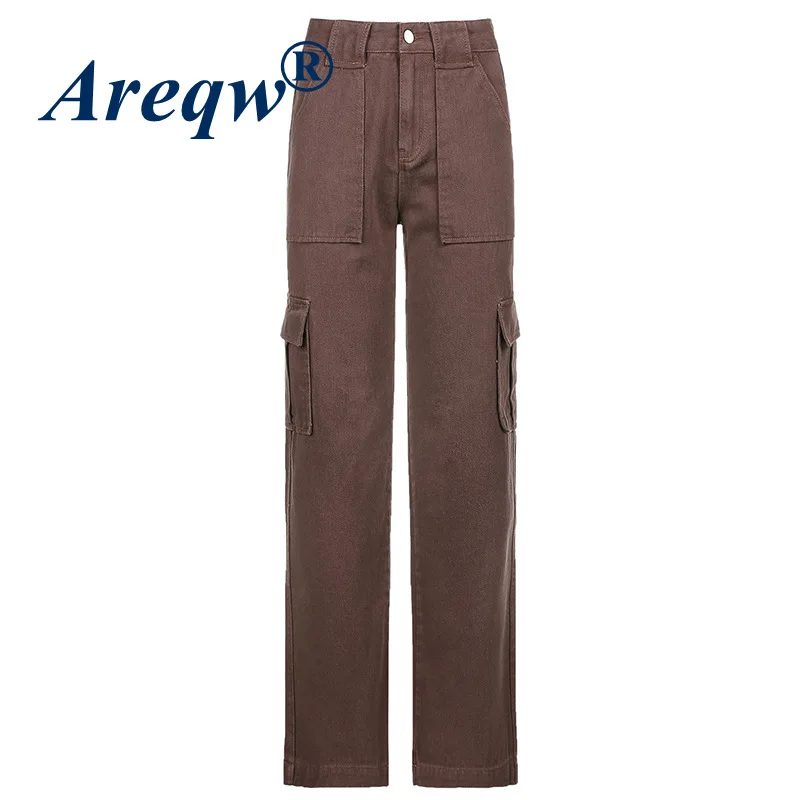 

Jeans Women 2021 New Women's Pants Retro Brown Pocket High Waist Straight Leg Pants Women's Casual Pants