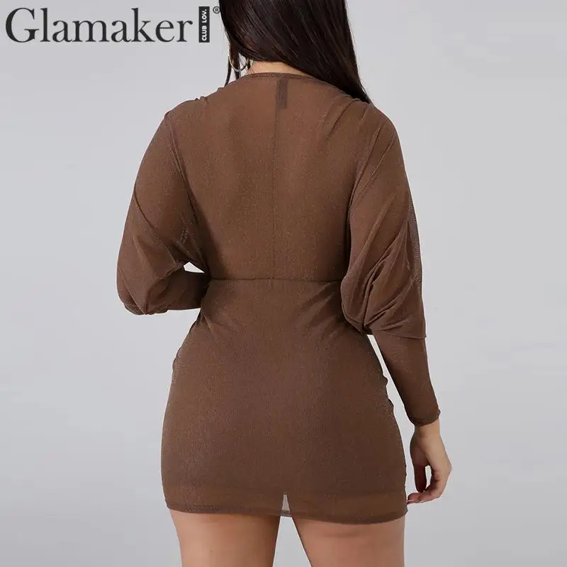 Glamaker сексуальное Плиссированное Прозрачное платье с v образным вырезом женское
