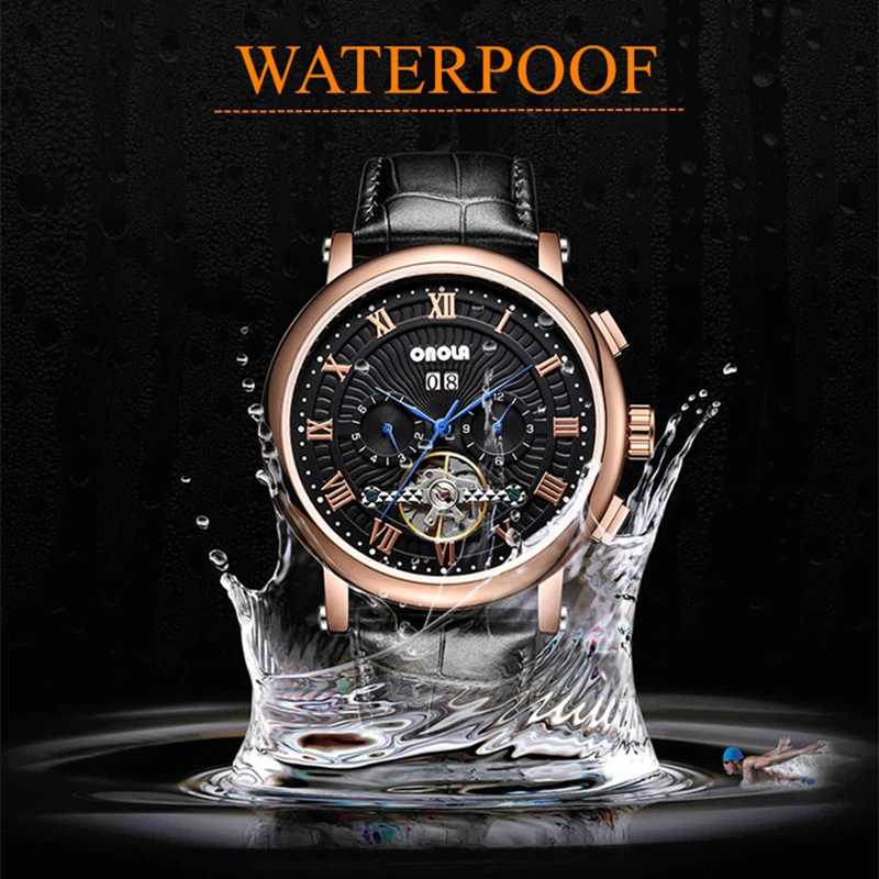 

ONOLA Brand business multifunction automatic mechanical watch male big dial leather orgin steel waterproof rose gold watch man