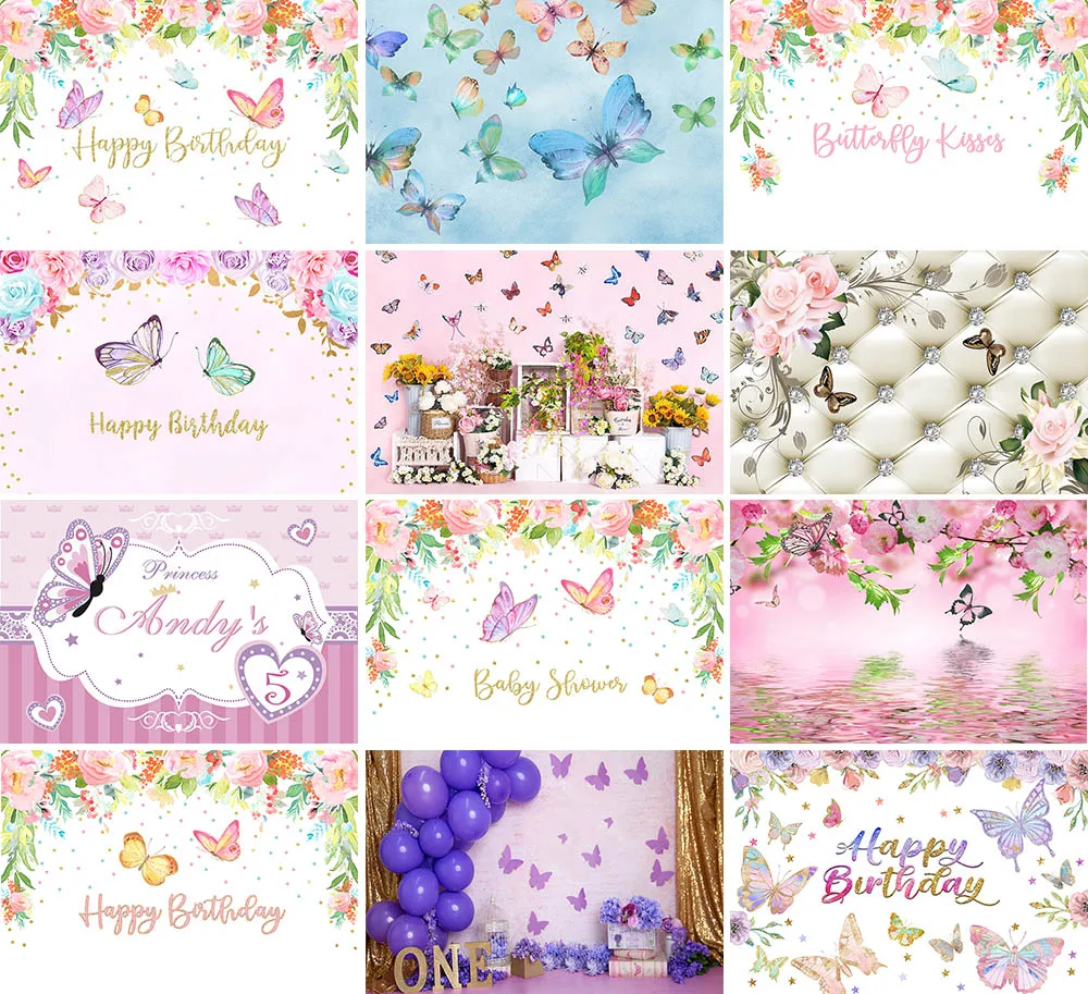 

Avezano Girl Birthday Banner Backdrops Butterfly Flowers Baby Shower Spring Photography Background Photo Studio Decor Photozone