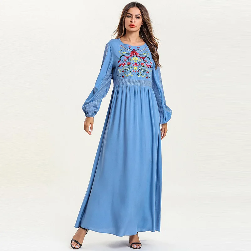 

Middle Eastern Muslim fashion girls dress conservative long skirt Arabian loose pleated long-sleeved embroidered stitching dress