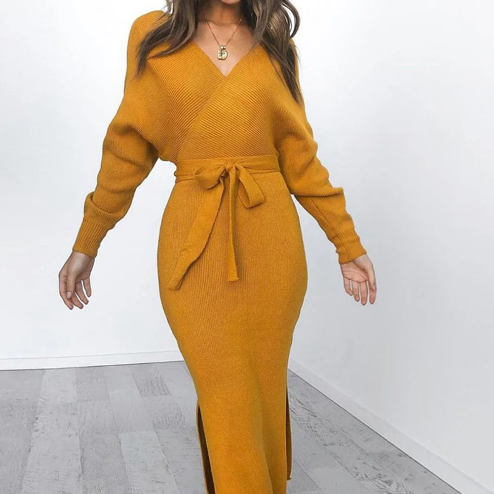 5 Colors Women Dress Fashion Elegant Sexy V-neck Autumn Winter Long Sleeve Midi Dresses S-XL Female Black Slim | Женская одежда