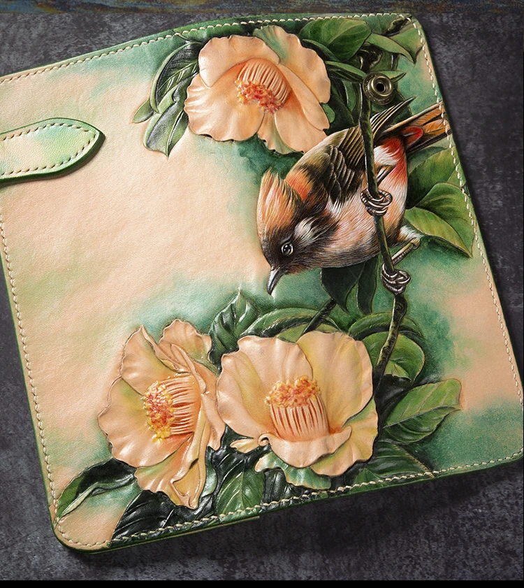 

High-end Handmade Wallets Carving Flower-bird Love Purses Men Long Clutch Vegetable Tanned Leather Wallet Card Holder