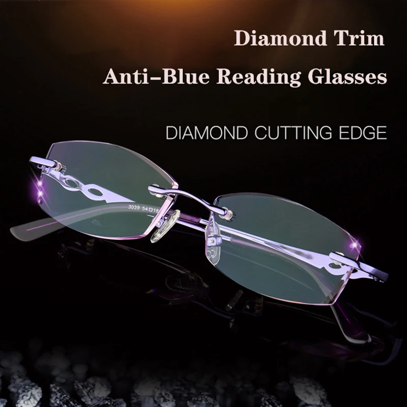 

Rimless Reading Glasses Women High Quality Luxury Anti blue light Presbyopic Glasses Diamond Trimmed Diopter Lady Eyeglasses