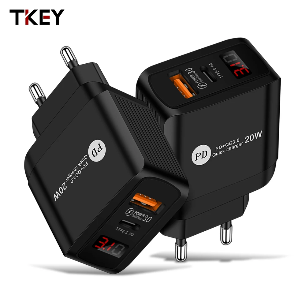 

TKEY QC3.0+PD20W Fast Charging EU/US/UK Plug Mobile Phone Charger USB Type C Charger Adapter For iPhone 12 Pro Max Huawei Vivo