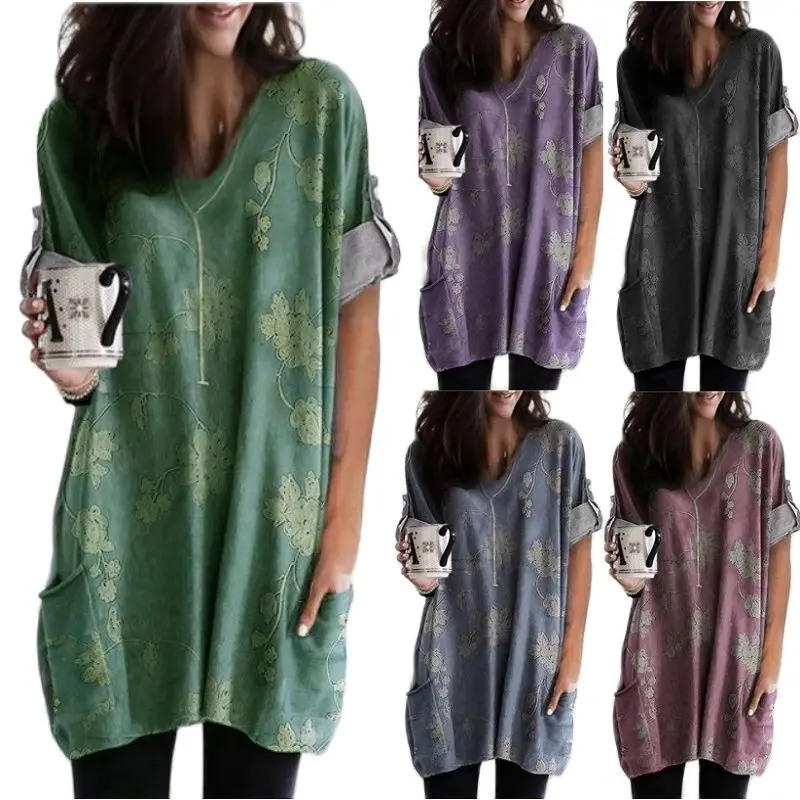 Женская длинная футболка с принтом и карманами свободная повседневная хлопковая