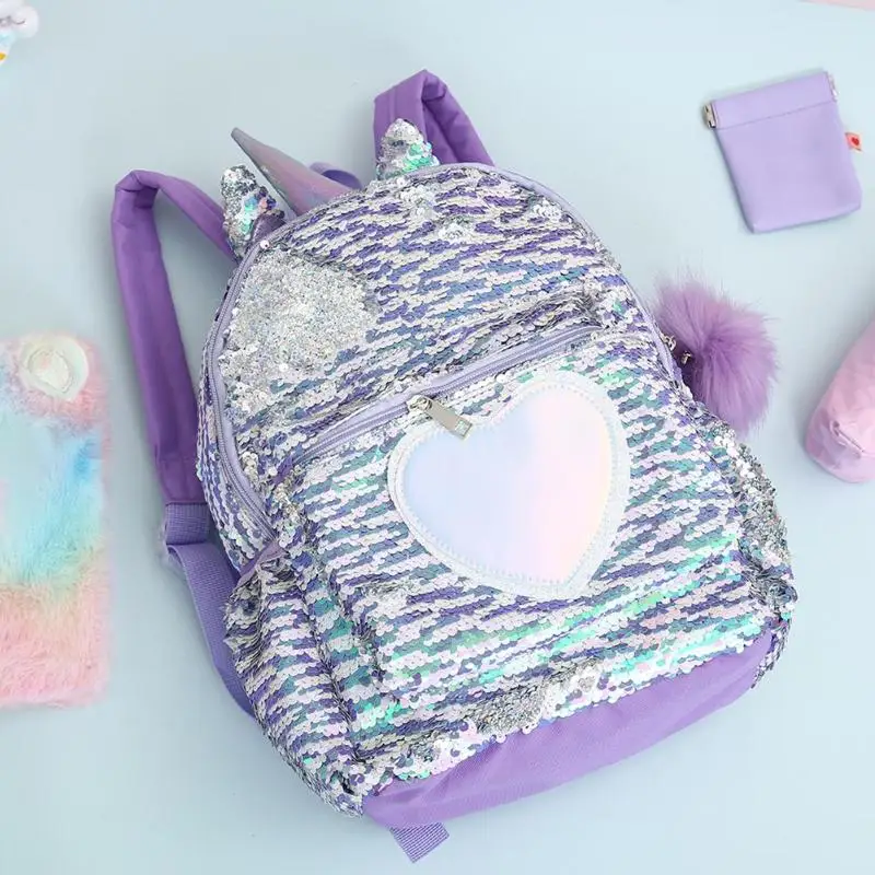 Cute Heart Sequins Travel Backpacks Kids Girls Glitter Shoulder Schoolbag