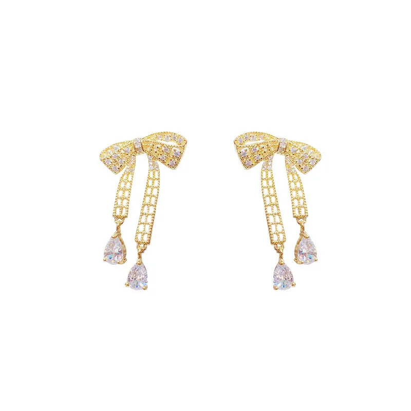 

Micro Zircon Temperament Bow Women's Korean Earrings Delicate and Elegant Double Stud Earrings Earrings Accessories Jewelry