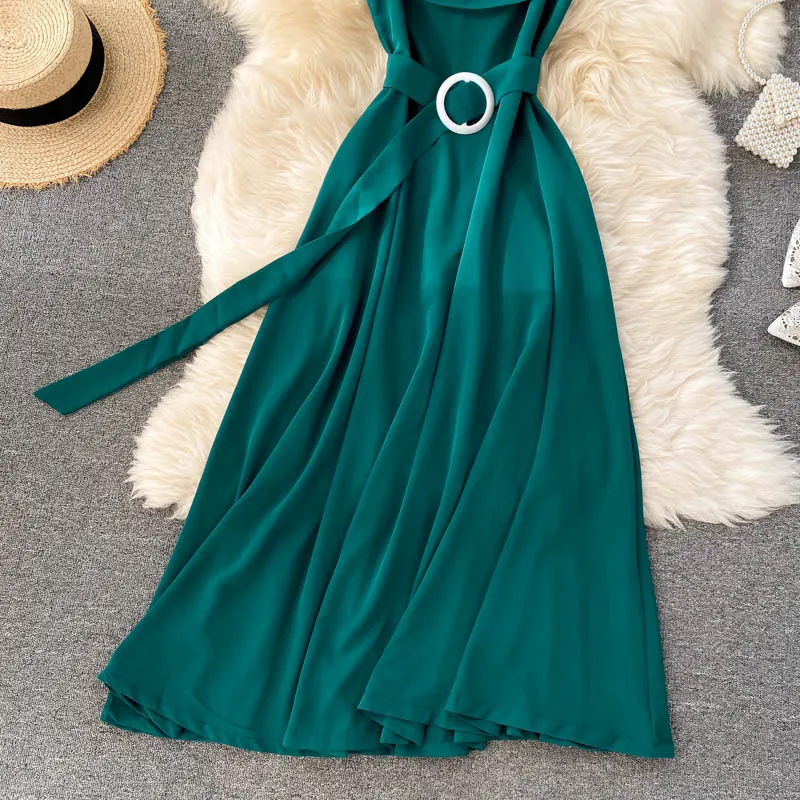

Spring Autumn Women Green/Black/Orange Dress Vintage Slash Neck Short Sleeve High Waist Vestidos With Sashes Ladies New Fashion