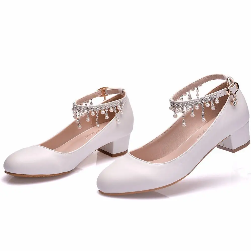 Белые свадебные туфли с кисточками и бусинами Тонкие на квадратном каблуке