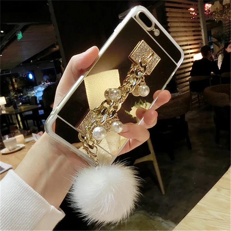 Чехол для samsung S7 edge S8 S9 Plus Note5 8 Note9 стразы жемчужный браслет меховой шар помпон