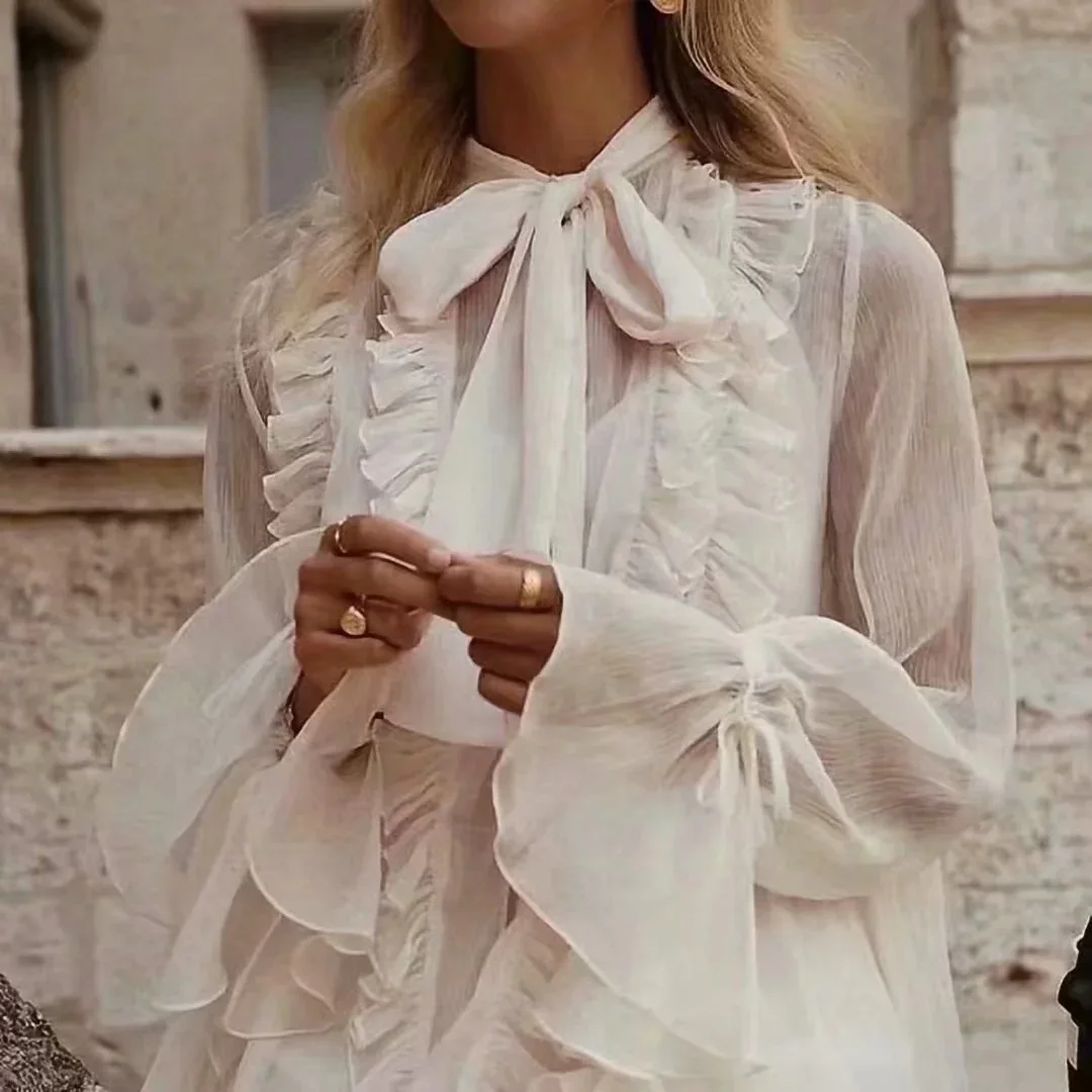 DEAT 2020 Spring Long Sleeve Ruffled Collar Beige Short Mini Dress Women MH566 |