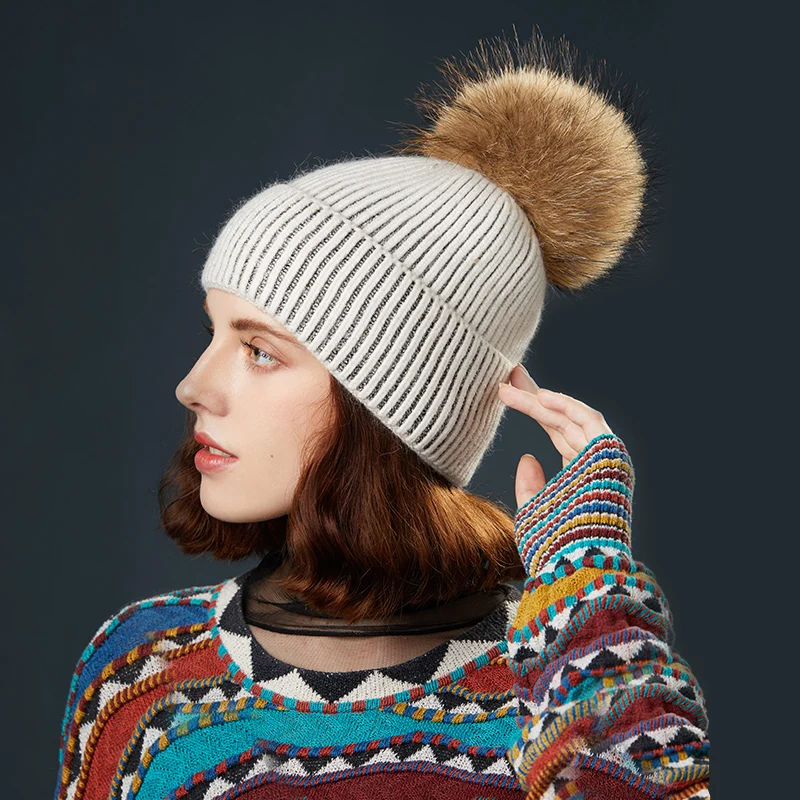 Женская вязаная шапка Повседневная теплая с помпоном из натурального меха