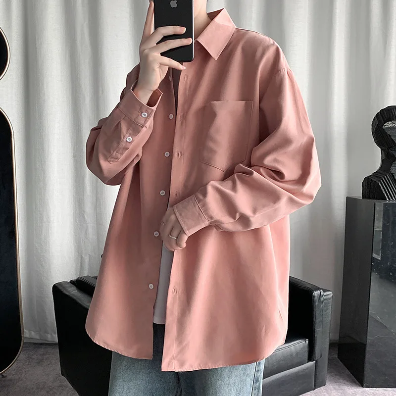 

2021 New Unisex Shirt Male Hong Kong Style Loose Large Size Casual Couple Solid Color Autumn Jacket Tooling Shirt