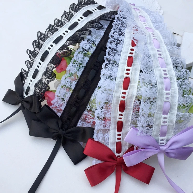 

Girls Ruffles Lace Headwear Mesh Lace with Long Ribbon Bowknot Adorn Headband Maid Anime Cosplay Hair Ornaments