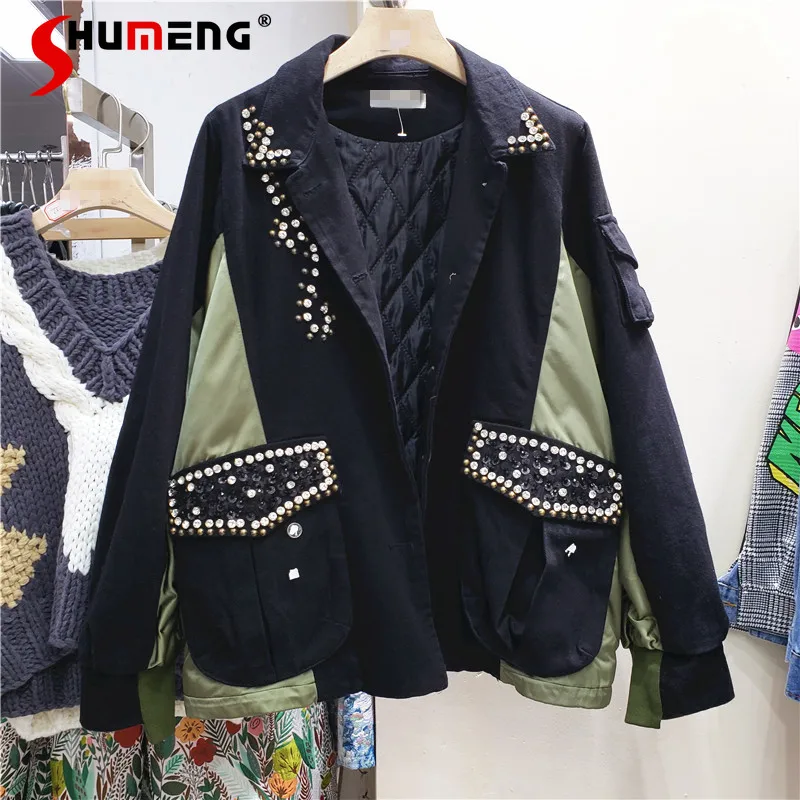 

2021 Autumn New Black European Rhinestone Loose Stitching Contrast Color Overalls Top Thickened Coat for Women