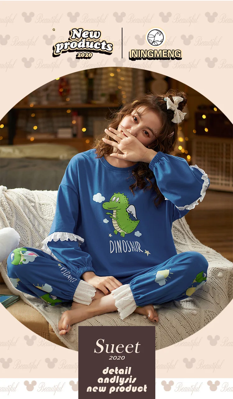 

Woman Pajama Set Soft Cotton Autumn Sleepwear Girls Blue Cartoon Dinosaur Home Wear Suitable For Outdoors Long-sleeve Nightgown