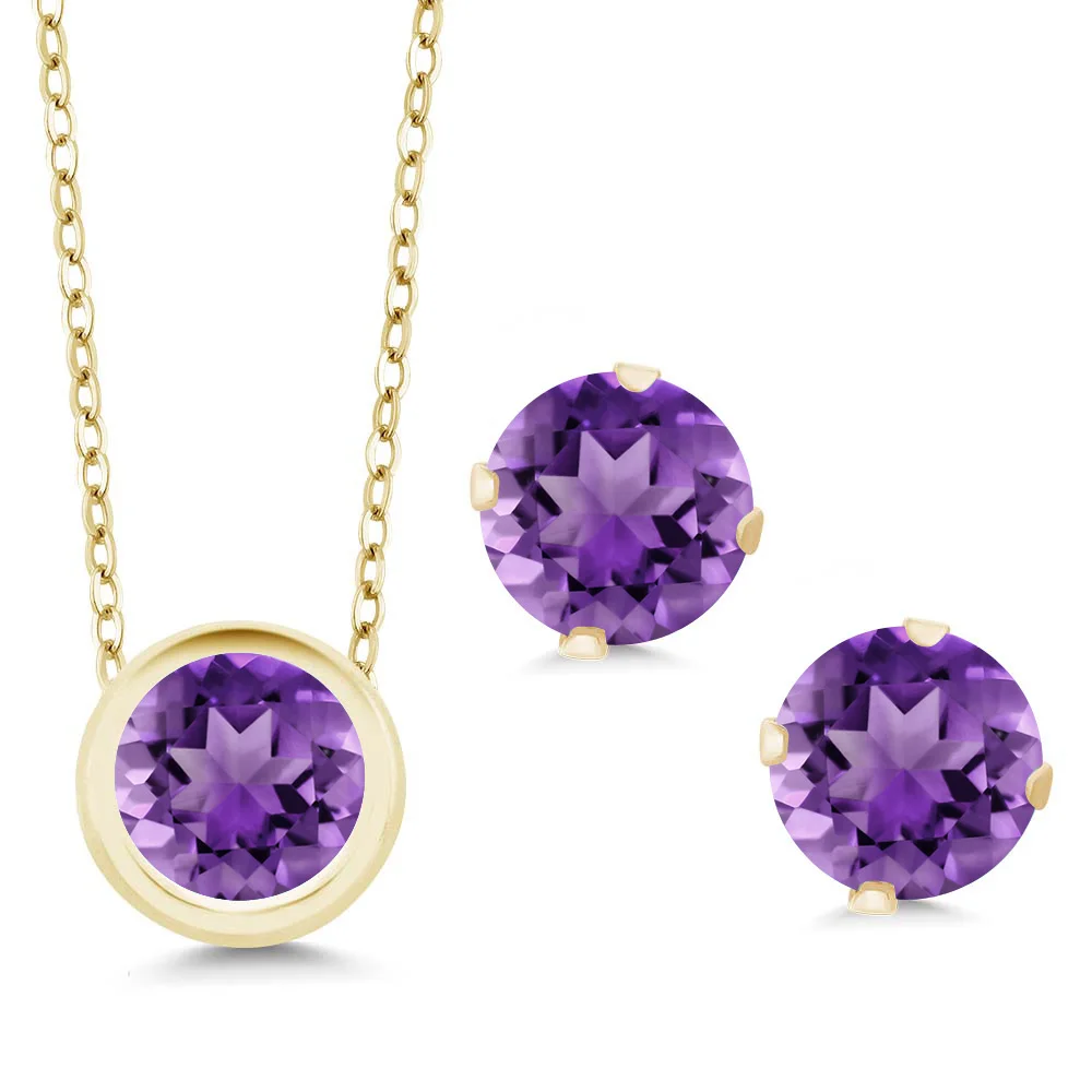 GemStoneKing 2.10 Ct Round Purple Amethyst Pendant Earrings Set 14K Yellow Gold Jewelry For Women | Украшения и аксессуары