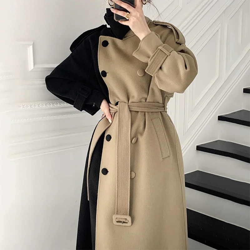 

2021 Women Winter Patchwork Long Cashmere Coat Jacket Waistbelt Double Breasted Slim Waist A-line Woolen Overcoat Cloak Outwear