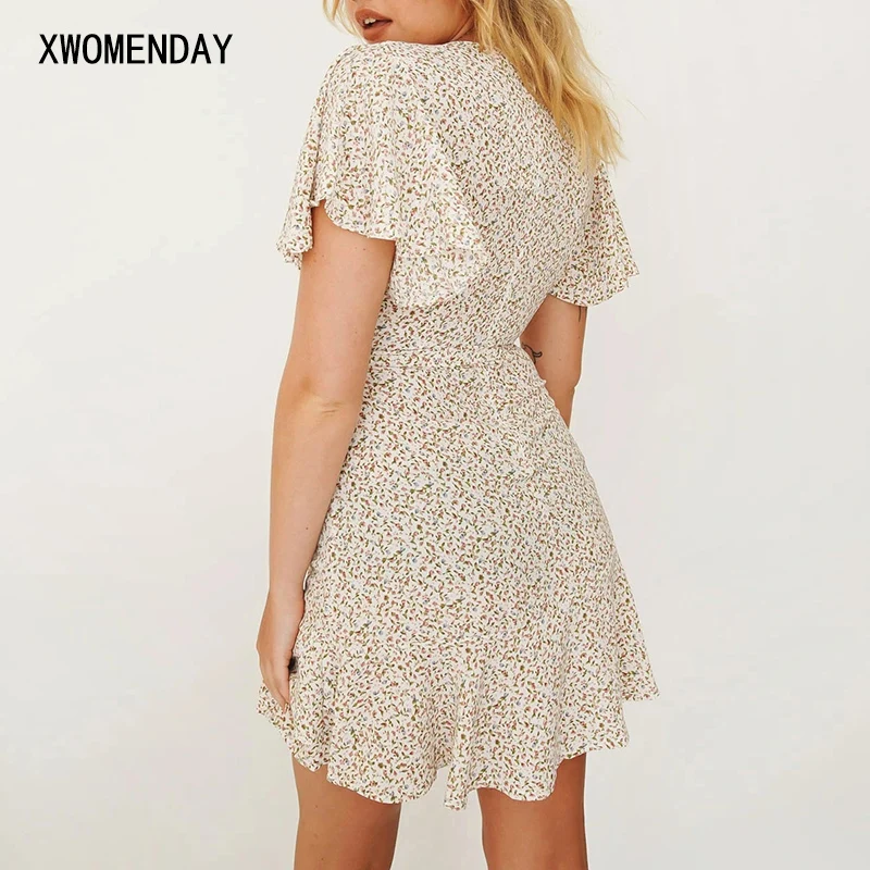Женская короткая платья Лето Стиль бохо Мини платье с принтом Женский