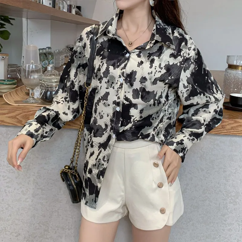 

Summer Women's Retro Medium Long Printed Long Sleeve Shirt Summer Fashion Thin Blouse