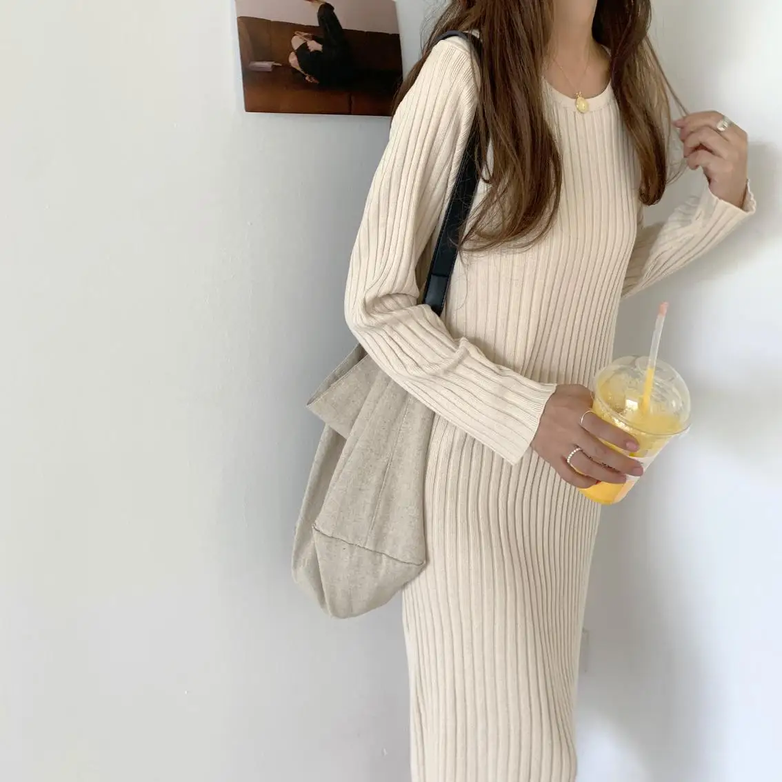 Осень зима теплый свитер с длинным рукавом платье для женщин 2021 средней длины