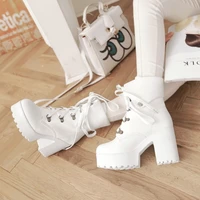 fashion womens round toe chuncky heels ankle boots solid pu leather lace up short booties female sweety shoes spring fall