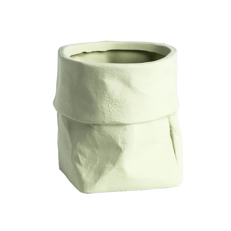 

2021New Kraft Paper Bag Shape Nordic Industrial Style Colorful Ceramic Flower & Plant Pot Succulent Planter With Hole