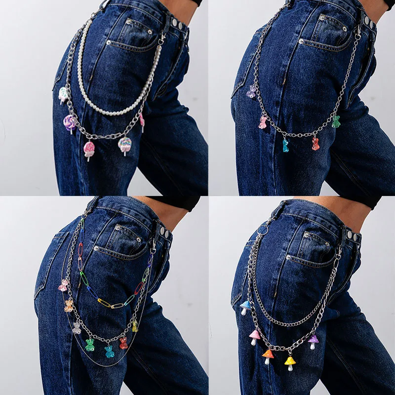 

Punk Hip Hop Women Men Jeans Waist Chain Bear Lollipop Pendant Metal Belt Pants Key Chain Harajuku Accessories Jewelry Gift
