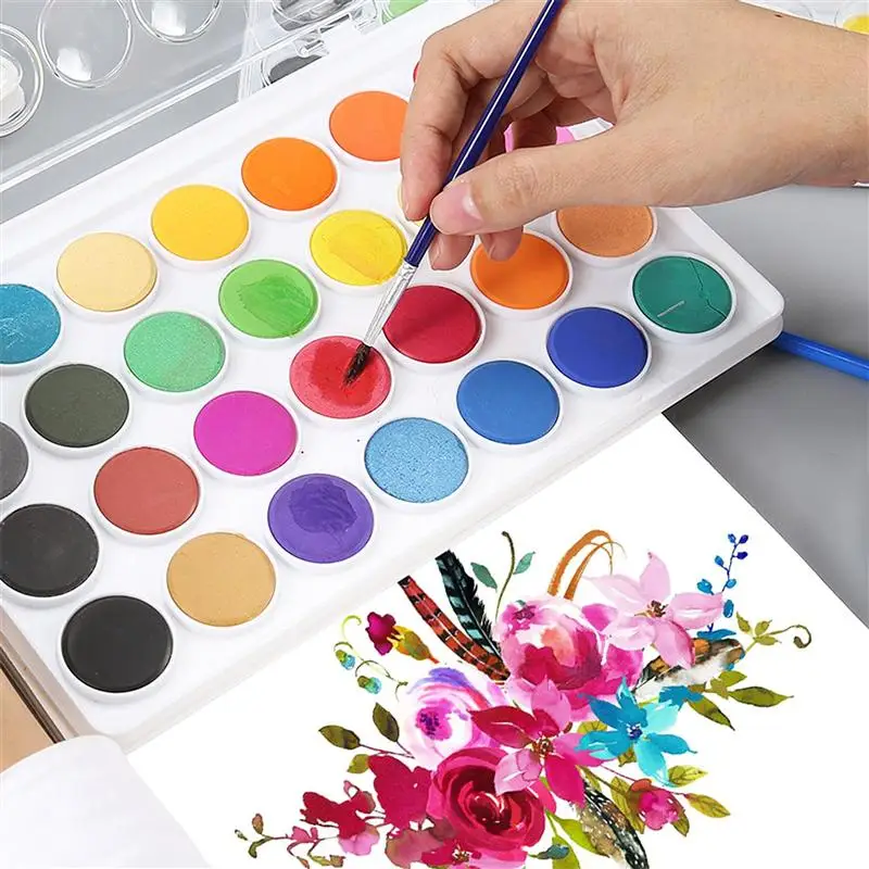 

1 Set Watercolor Paint Plate Solid Pigment Powder Pan with Painting Pens