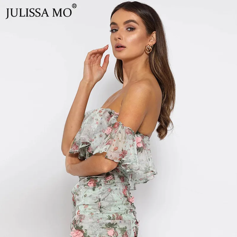 Julissa mo сексуальное платье с открытыми плечами и цветочным принтом женское облегающее короткое платье с оборками на рукавах элегантные женские вечерние платья с открытой спиной Vestidos