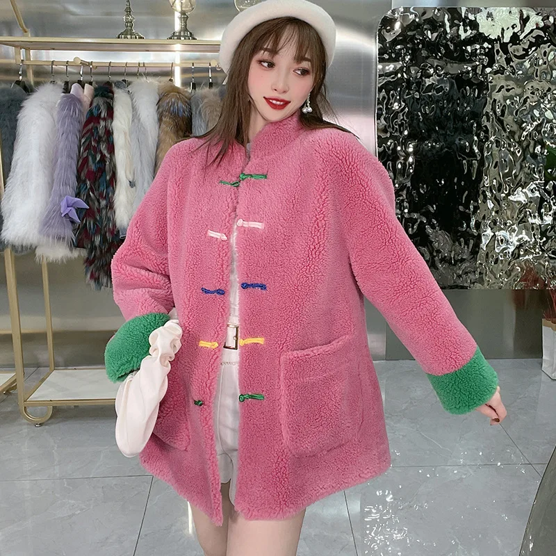 Winter Chinese Style Women's High Quality Pink Color Wool Fur Leather Coat C710