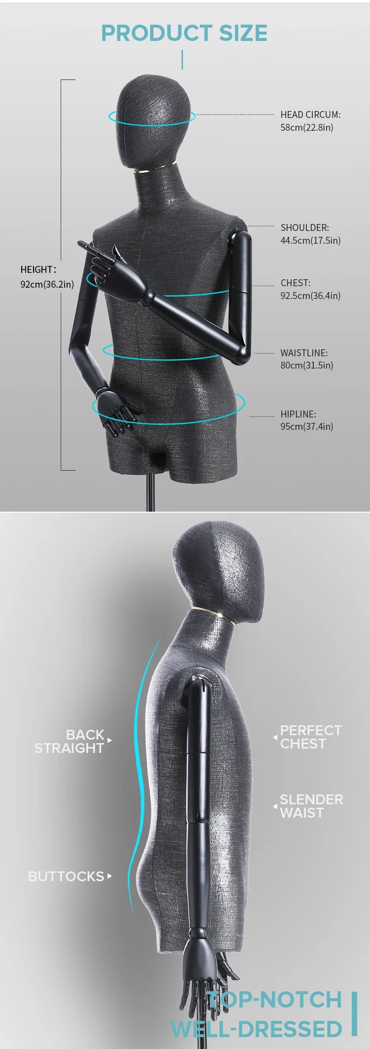 Черный цвет мужской манекен-платье формы туловище с Poseable деревянными дужками и прочным металлическим основанием