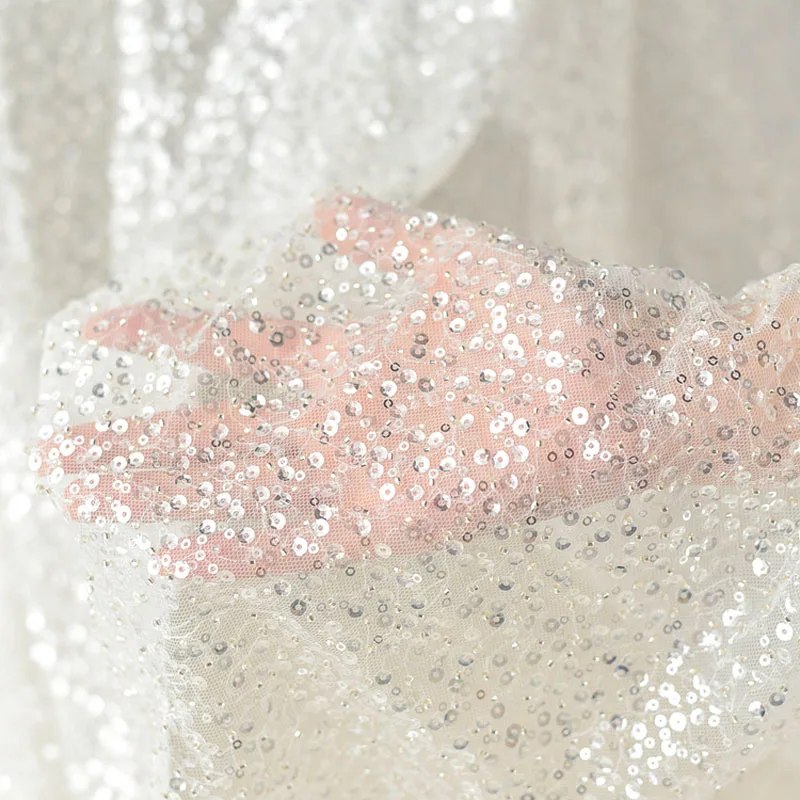 

130 см * 1 ярд, французские блестки, вышитая кружевная ткань для свадебного платья, Цветочная фототкань «сделай сам» для вечерних платьев