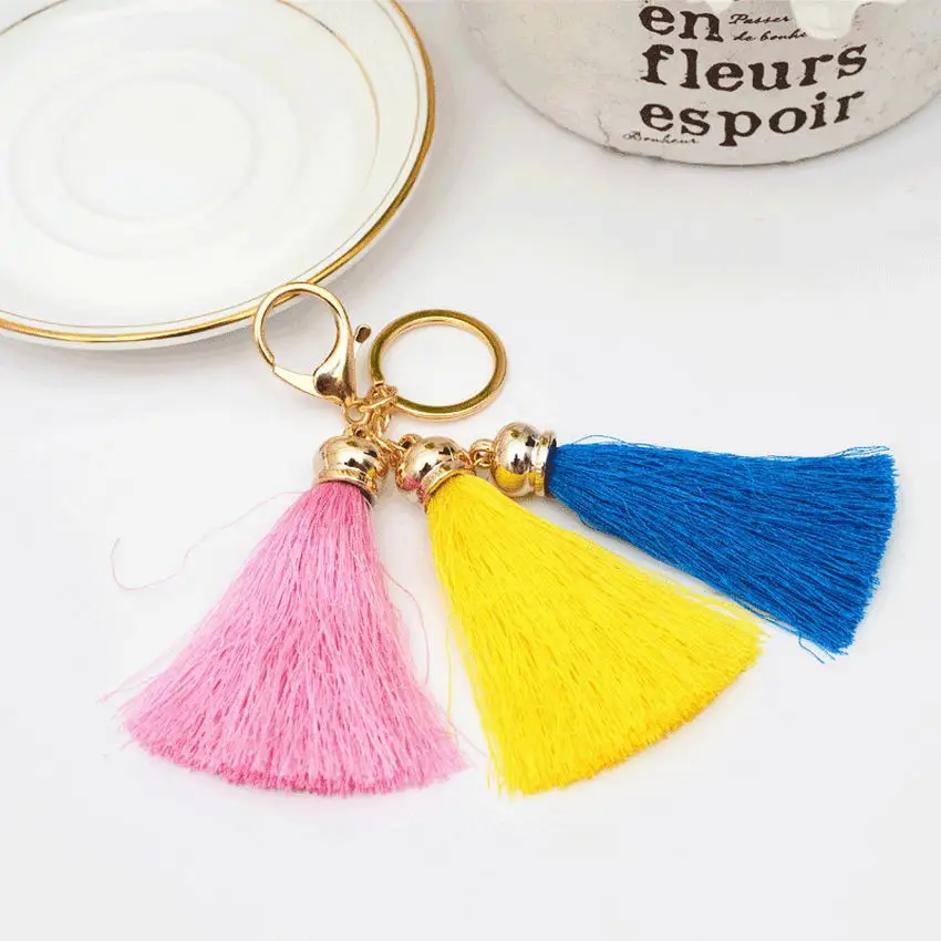 

Triple Soft Ice Silk Tassel Keychain Gold Color Lobster Clip Summer Long Plush 3PCS Tassel Statement Key Chain Bag Accessories