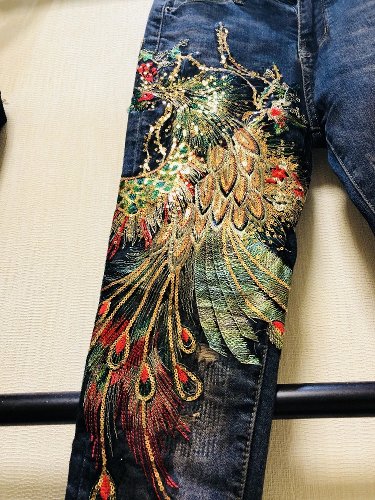 Новые осенние модные джинсовые брюки с вышивкой Феникса облегающие Женские