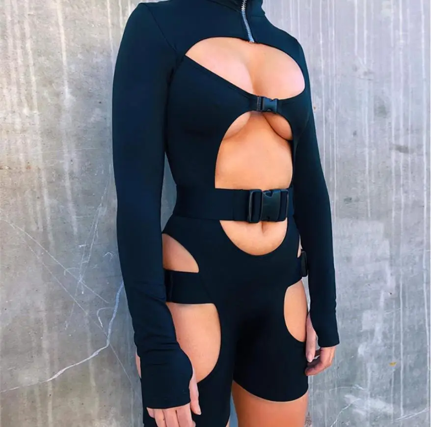 

Женский Ажурный комбинезон с пряжкой, Облегающий комбинезон с высоким воротником и длинным рукавом, байкерские короткие комбинезоны с выре...