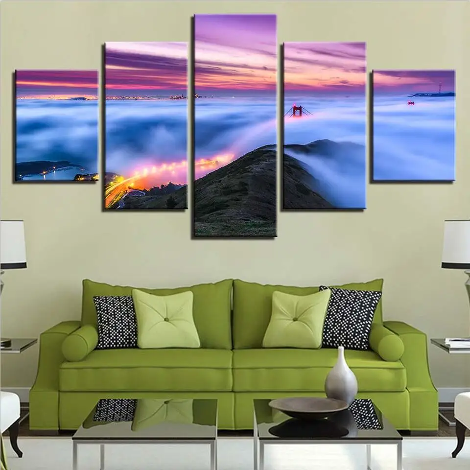 

Art Paintings Modular HD Printed Canvas Poster Framed Home Decoration 5 Pieces Sunset Seaview Landscape Living Room Wall Picture