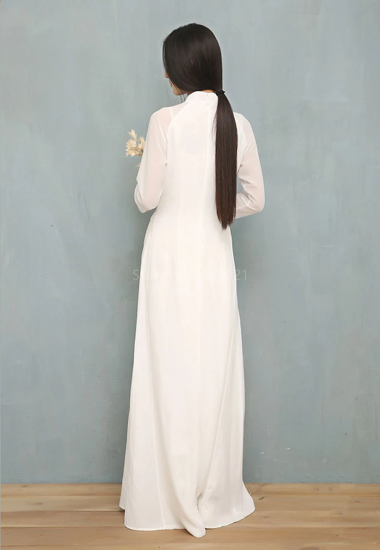 Vietnam Ao Dai White Solid Chiffon Perspective Dress for Woman Chinese Cheongsams Full Sleeve Female Oriental Dress