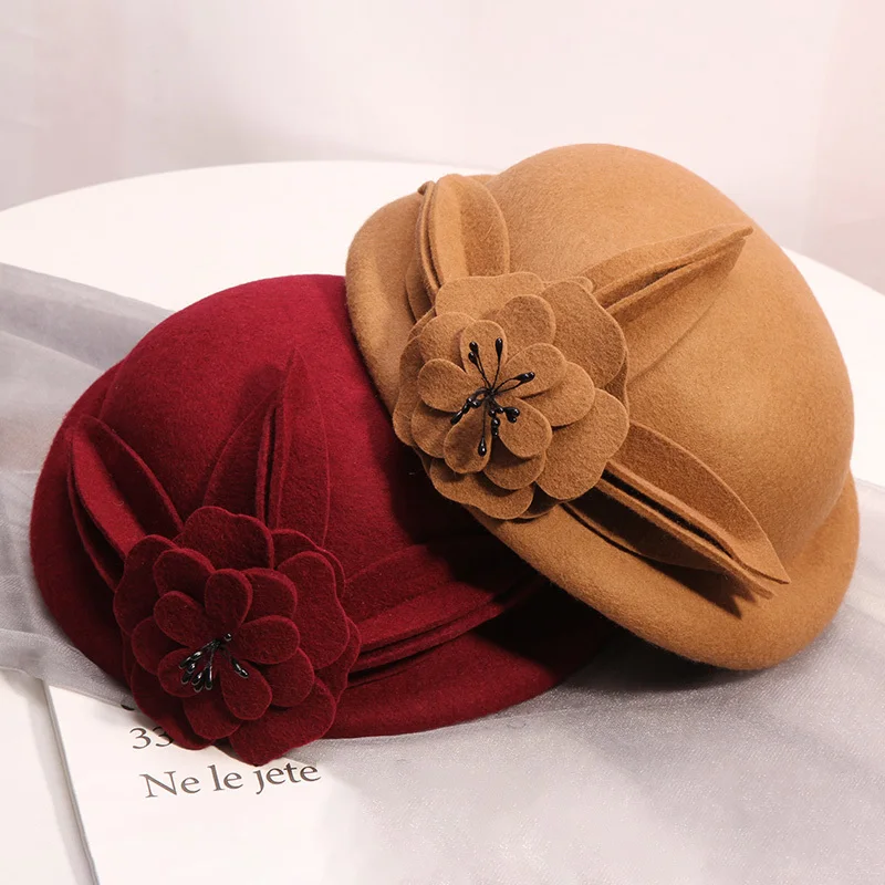 100% Wool Felt Berets Women Autumn And Winter Party Gauze Flower Formal Hat Banquet Grace Woolen Hats | Аксессуары для одежды