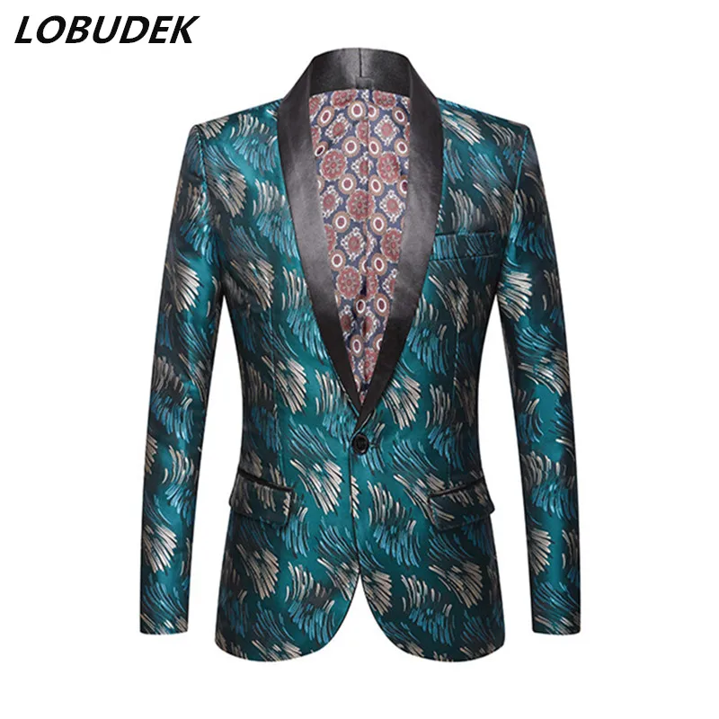 

Men's Jacquard Blazer Bar Evening Party Singer Host Stage Performance Suit Jackets One Button Slim Fit Print Suit Coat Costume