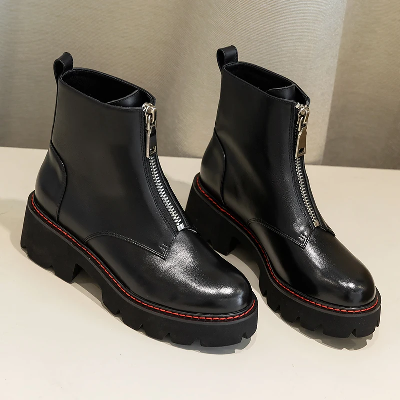 Женские ботинки; ботинки из натуральной кожи; черные ботинки Martens; женские ботильоны; мотоботы; зимняя обувь на платформе и толстом каблуке