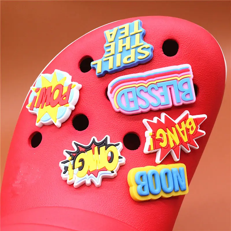 Free Shipping Crock Charms Accessories Custom Cute Cartoon PVC Shoe Croc Buttons Sandals Charm Decoration BANG OMG POW NOOB U215