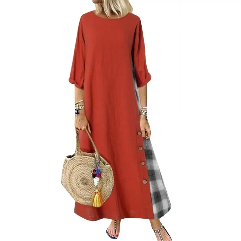 

Женское платье-кафтан, длинное платье в клетку, с пуговицами, круглым вырезом, полурукавами, свободного покроя, лето 2021