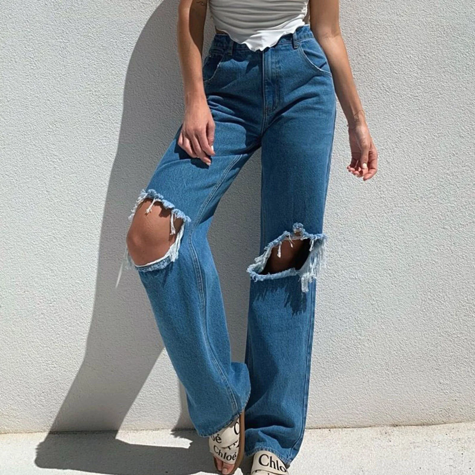 High Waist Jeans Women Sexy Hole Straight Denim Pants Loose Casual High Street Denim Trousers Pantalon